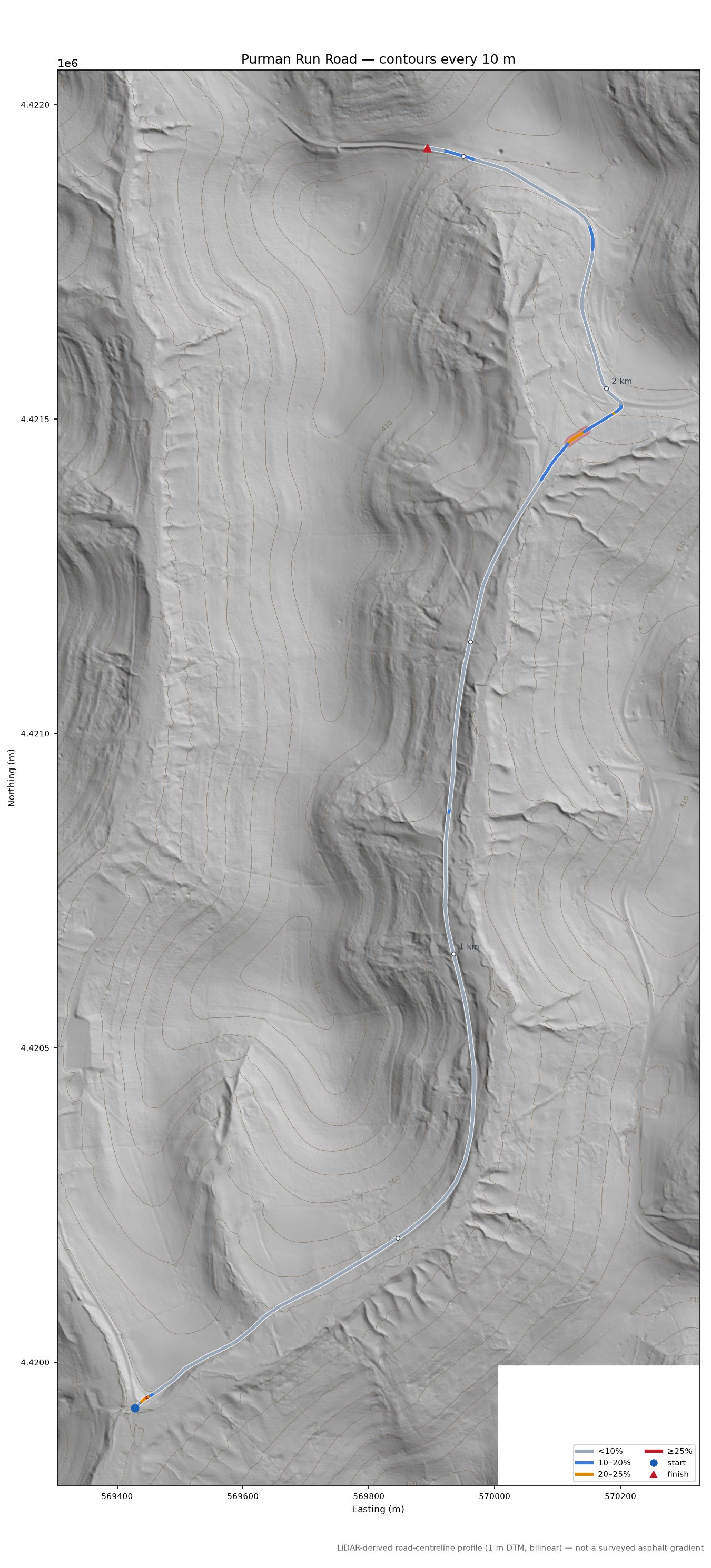 Purman Run Road LiDAR hillshade map with contours