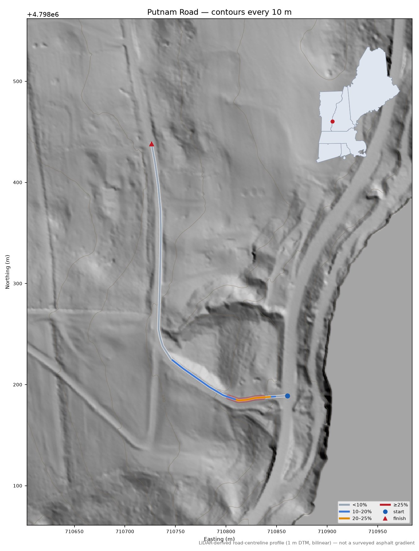 Putnam Road LiDAR hillshade map with contours