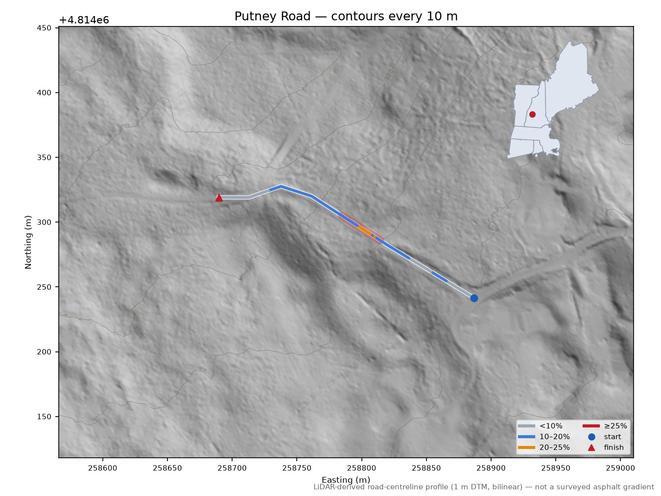 Putney Road LiDAR hillshade map with contours
