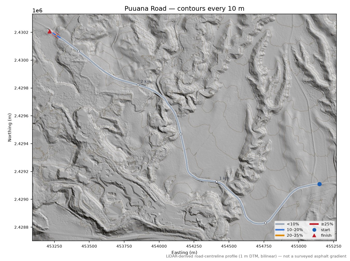 Puuana Road LiDAR hillshade map with contours