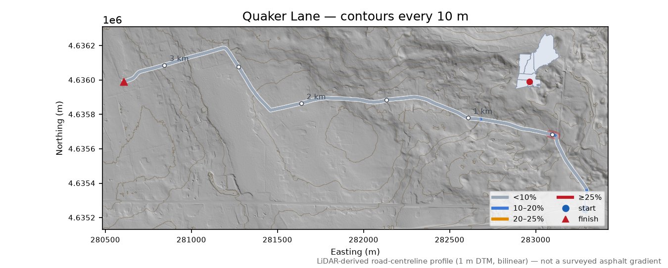 Quaker Lane LiDAR hillshade map with contours