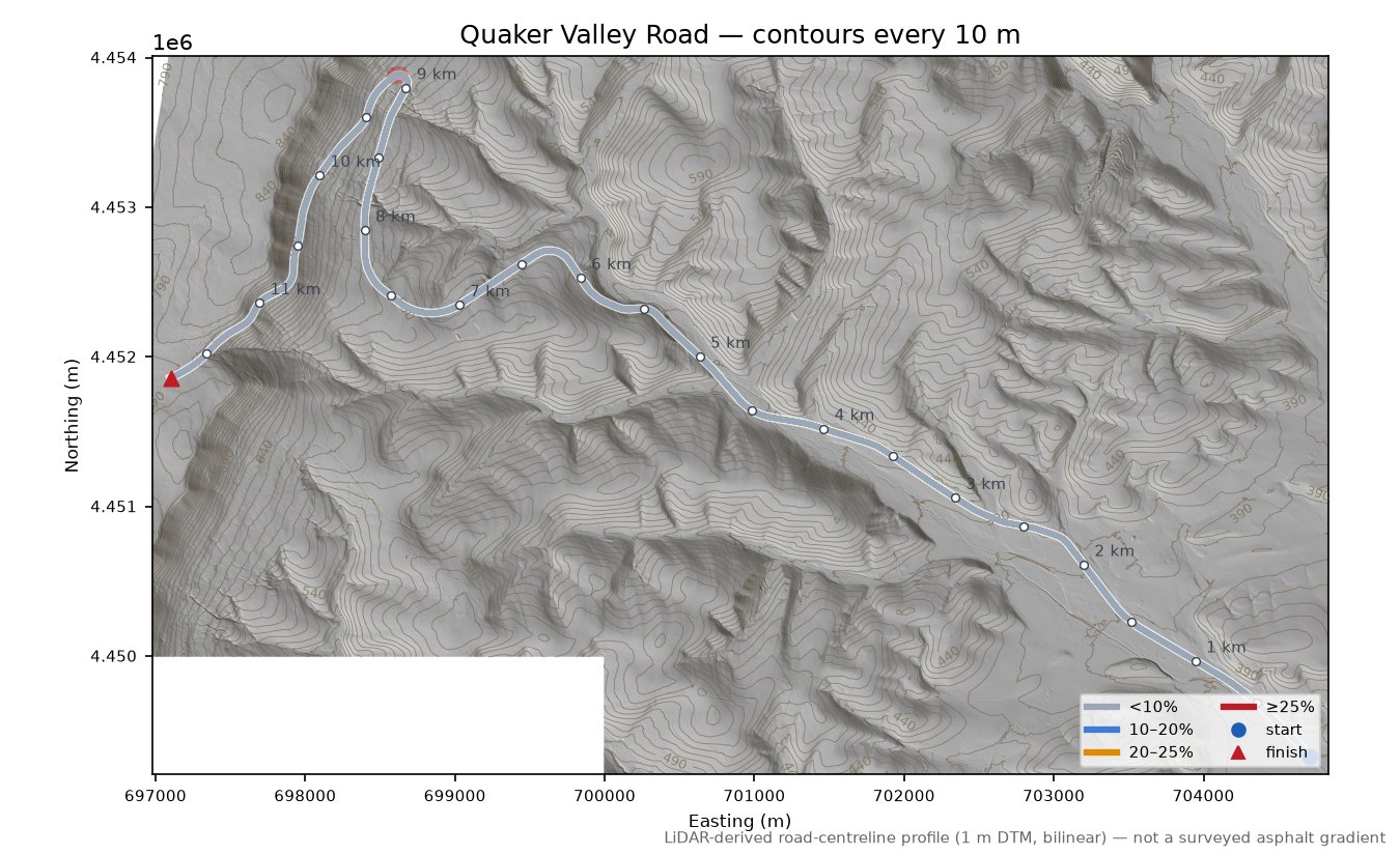 Quaker Valley Road LiDAR hillshade map with contours