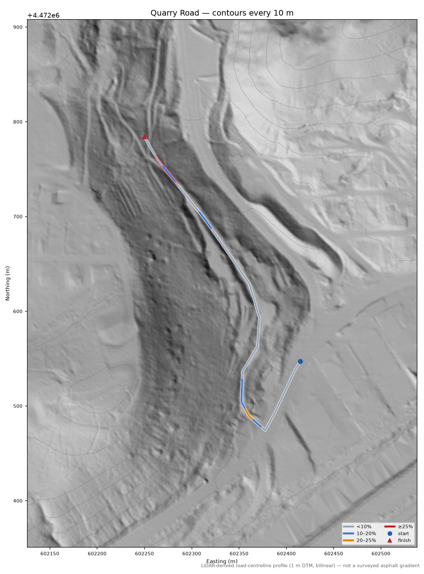 Quarry Road LiDAR hillshade map with contours