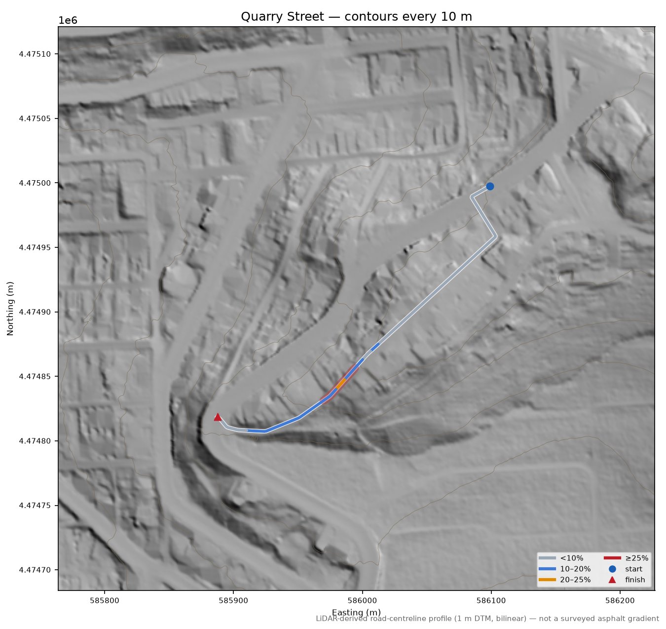 Quarry Street LiDAR hillshade map with contours