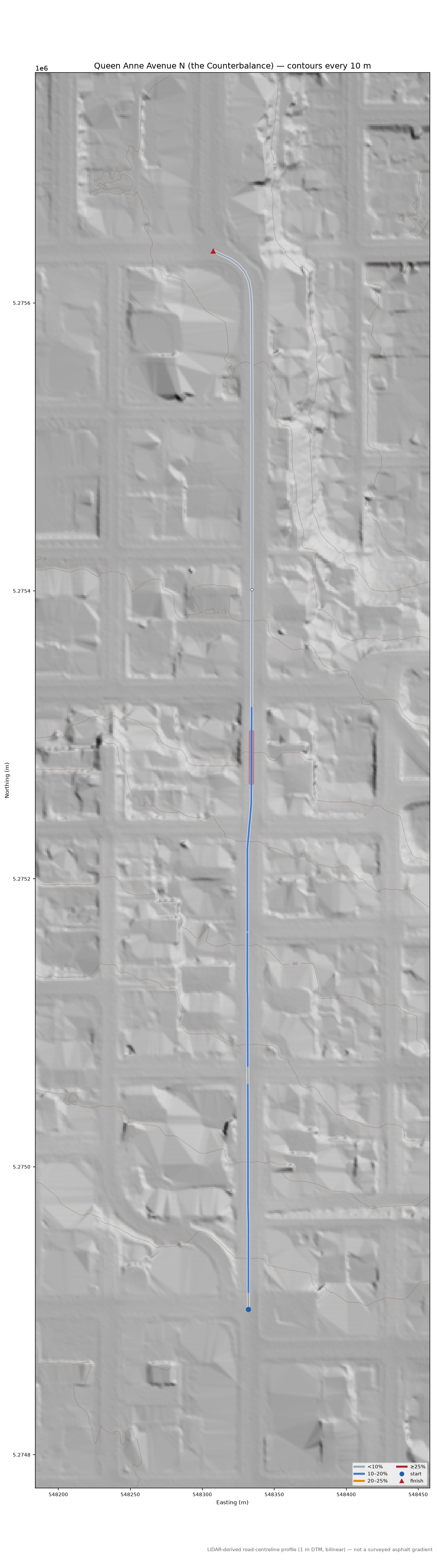 Queen Anne Avenue N (the Counterbalance) LiDAR hillshade map with contours