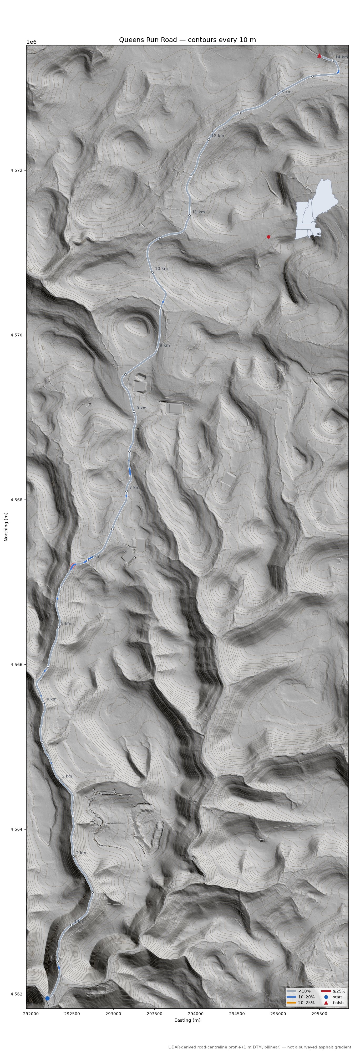 Queens Run Road LiDAR hillshade map with contours