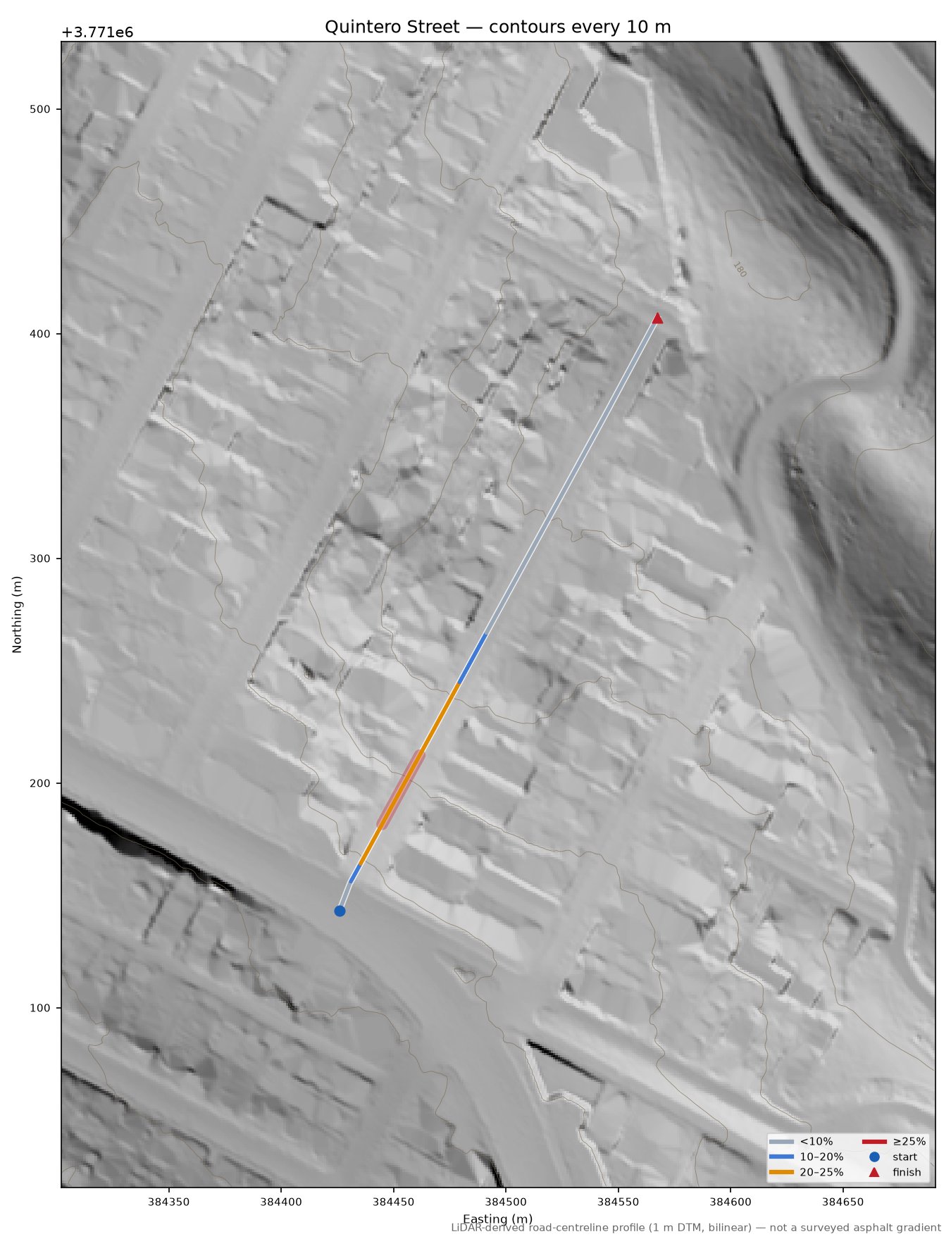 Quintero Street LiDAR hillshade map with contours