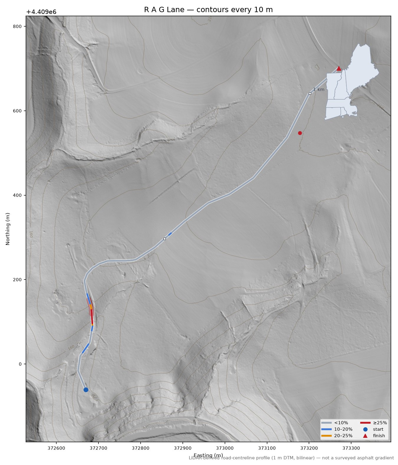 R A G Lane LiDAR hillshade map with contours