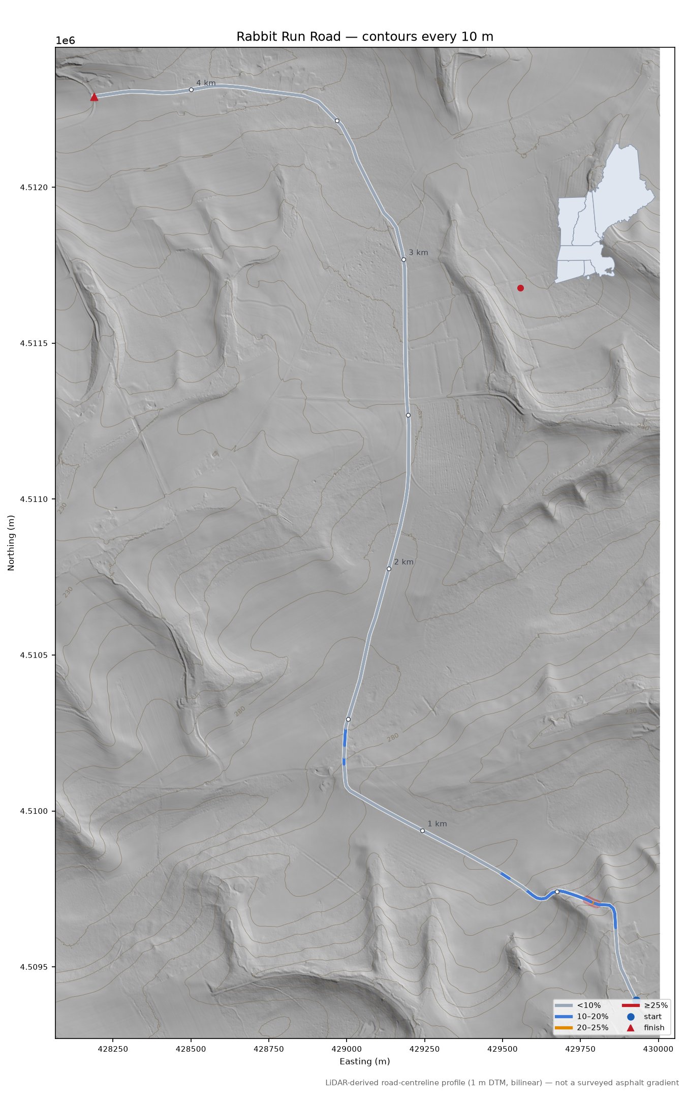Rabbit Run Road LiDAR hillshade map with contours