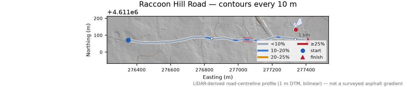 Raccoon Hill Road LiDAR hillshade map with contours