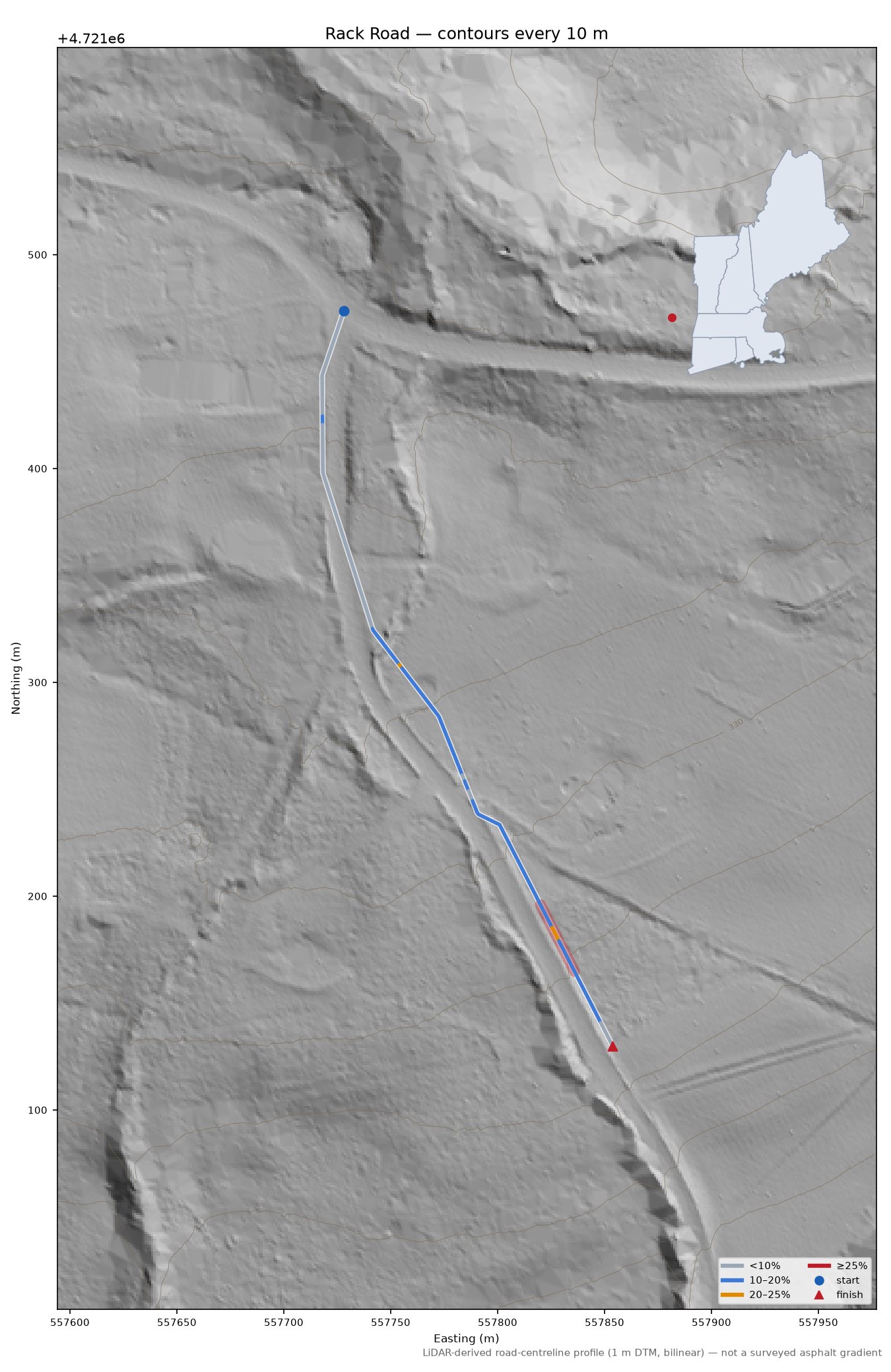 Rack Road LiDAR hillshade map with contours