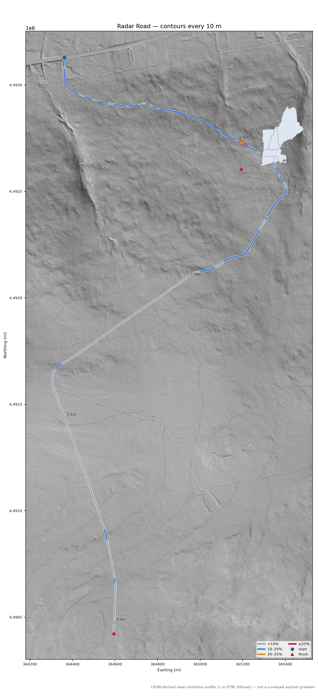 Radar Road LiDAR hillshade map with contours