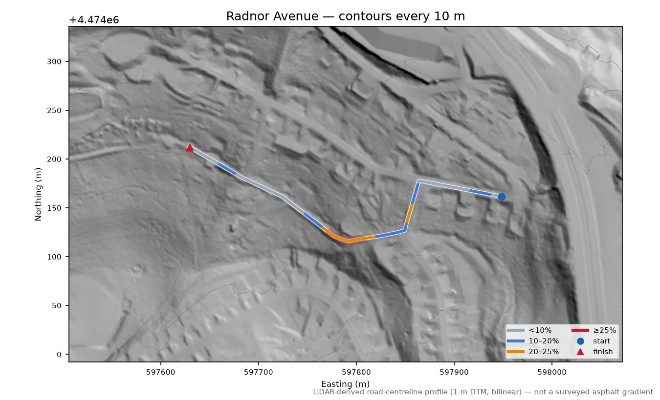 Radnor Avenue LiDAR hillshade map with contours