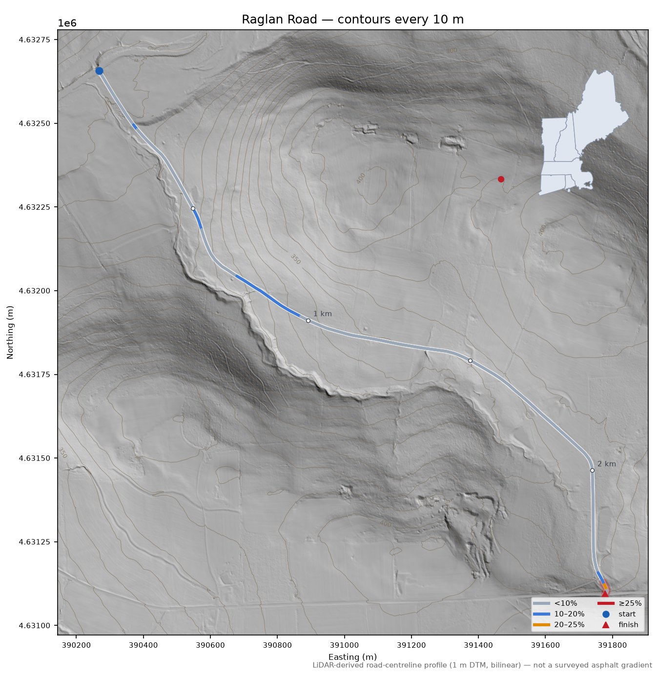 Raglan Road LiDAR hillshade map with contours