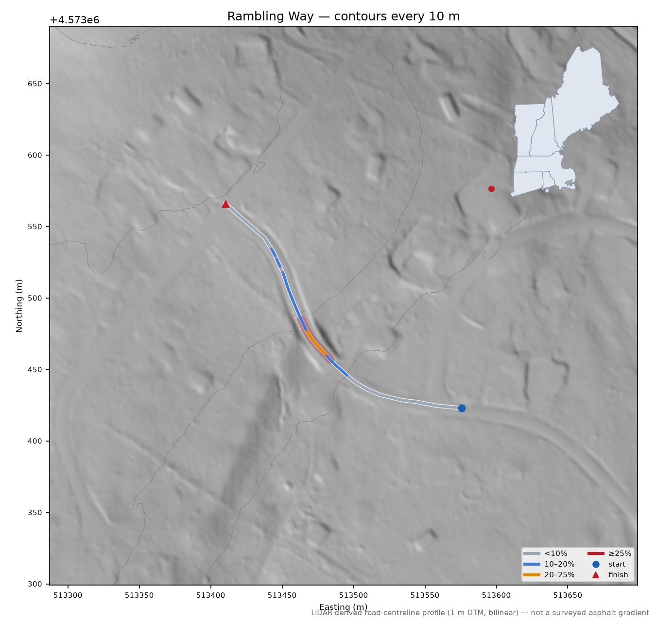 Rambling Way LiDAR hillshade map with contours