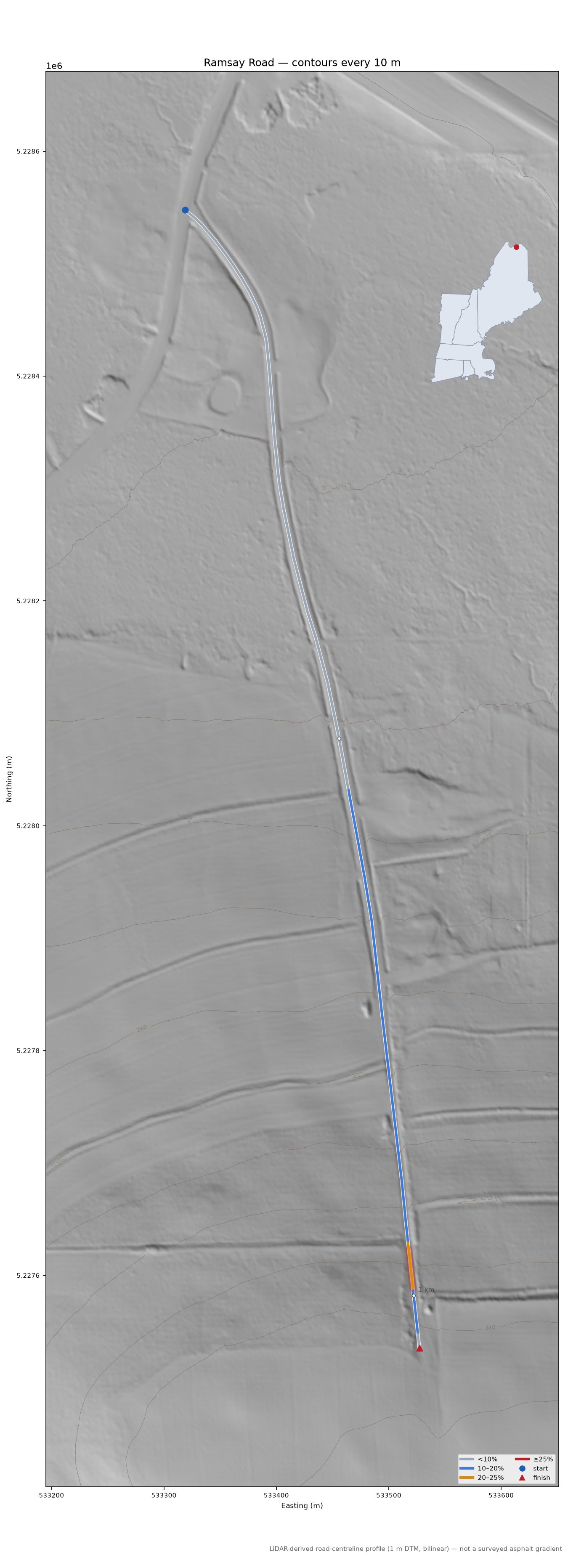 Ramsay Road LiDAR hillshade map with contours