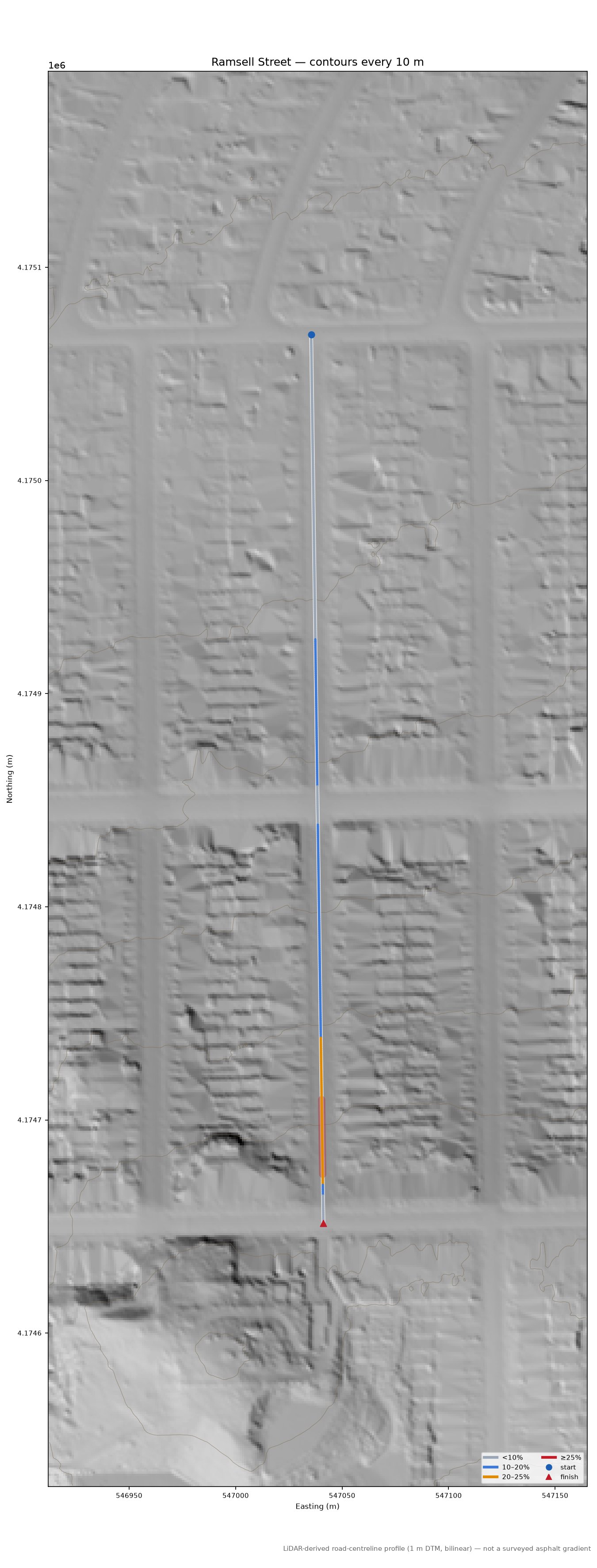 Ramsell Street LiDAR hillshade map with contours