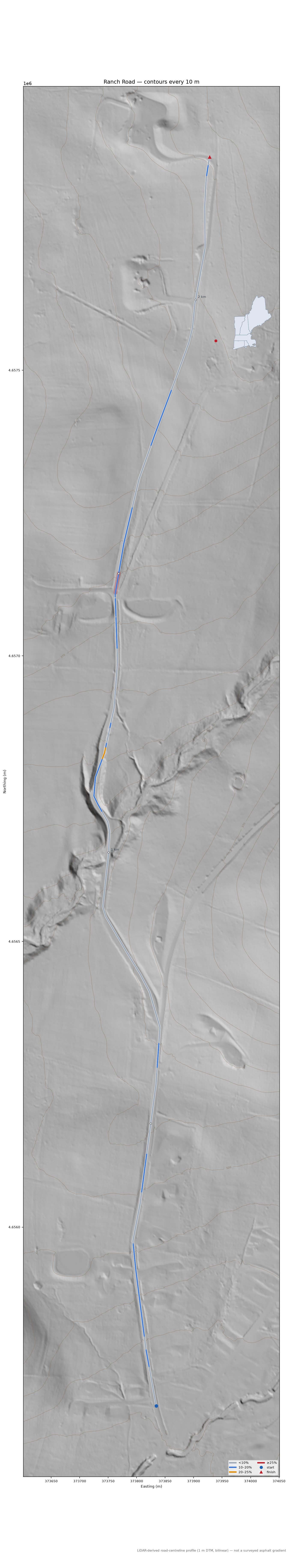 Ranch Road LiDAR hillshade map with contours