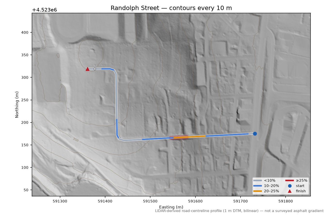 Randolph Street LiDAR hillshade map with contours