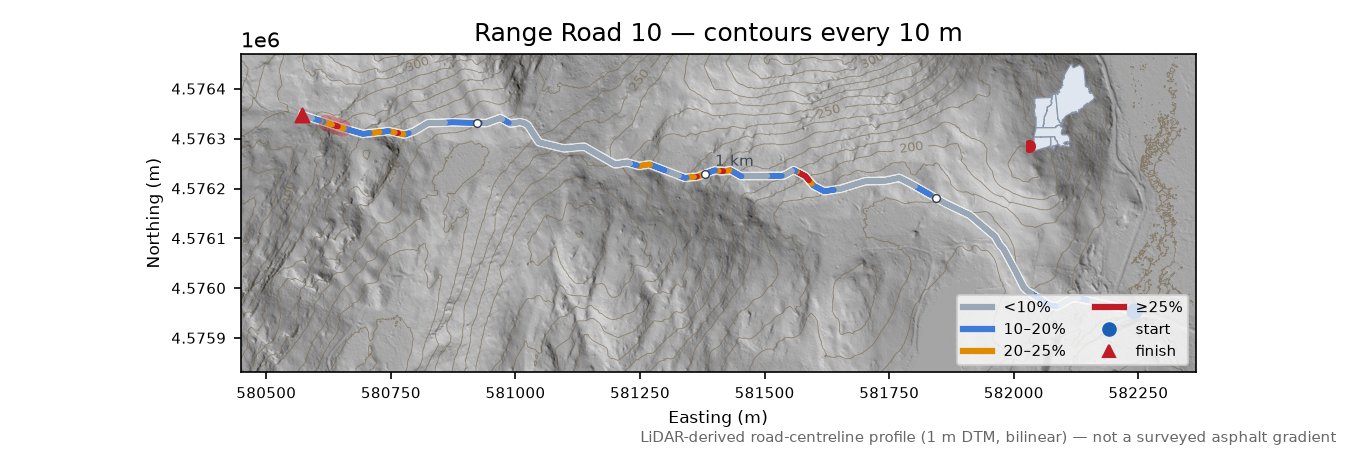 Range Road 10 LiDAR hillshade map with contours