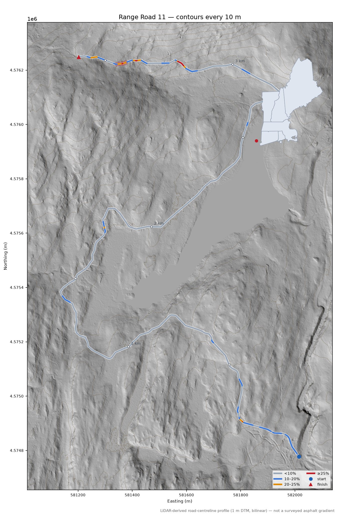 Range Road 11 LiDAR hillshade map with contours
