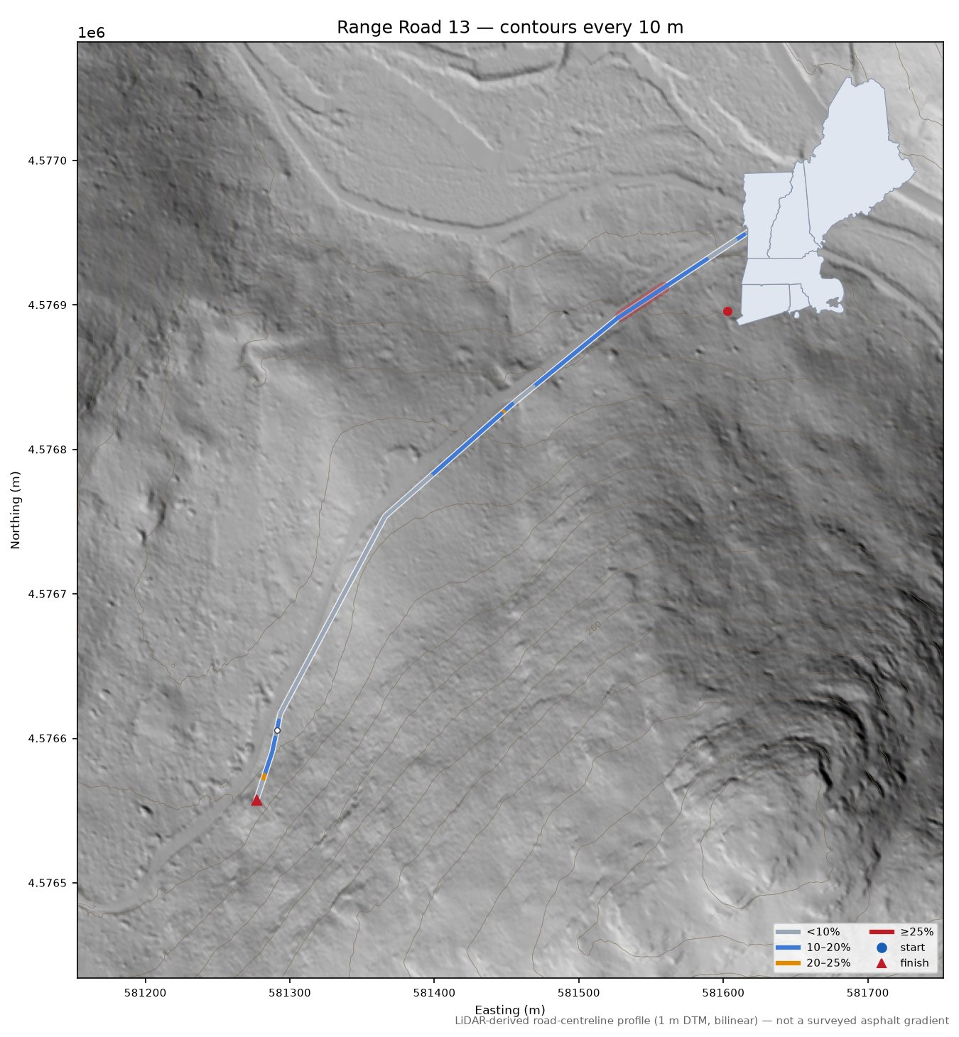 Range Road 13 LiDAR hillshade map with contours