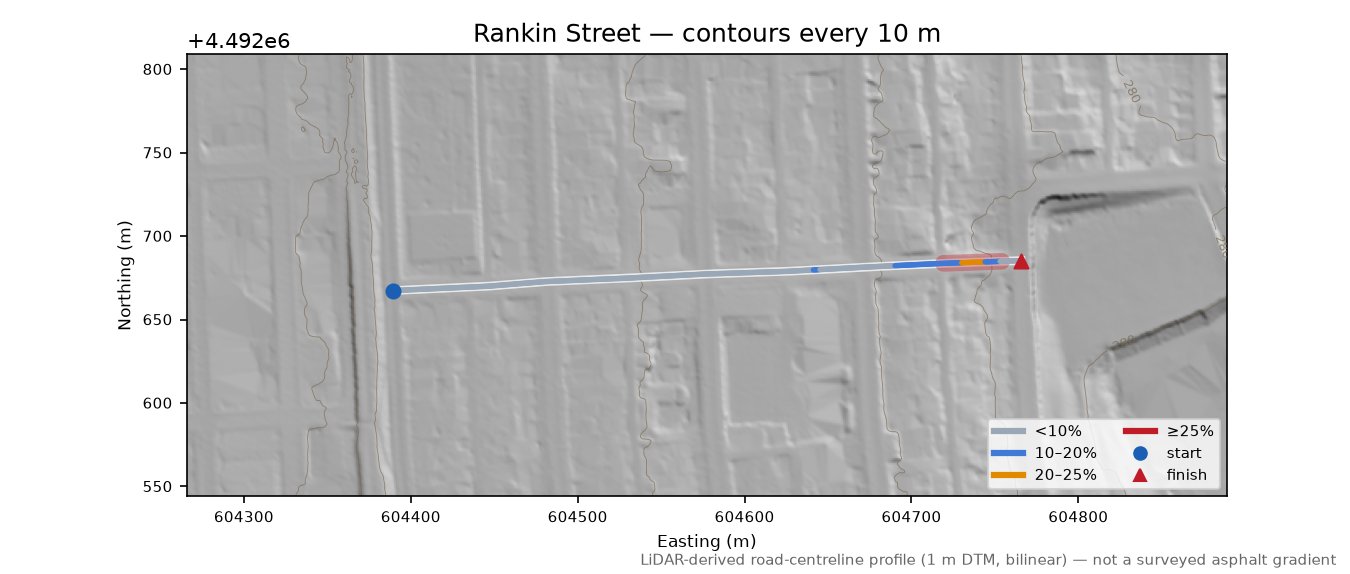 Rankin Street LiDAR hillshade map with contours