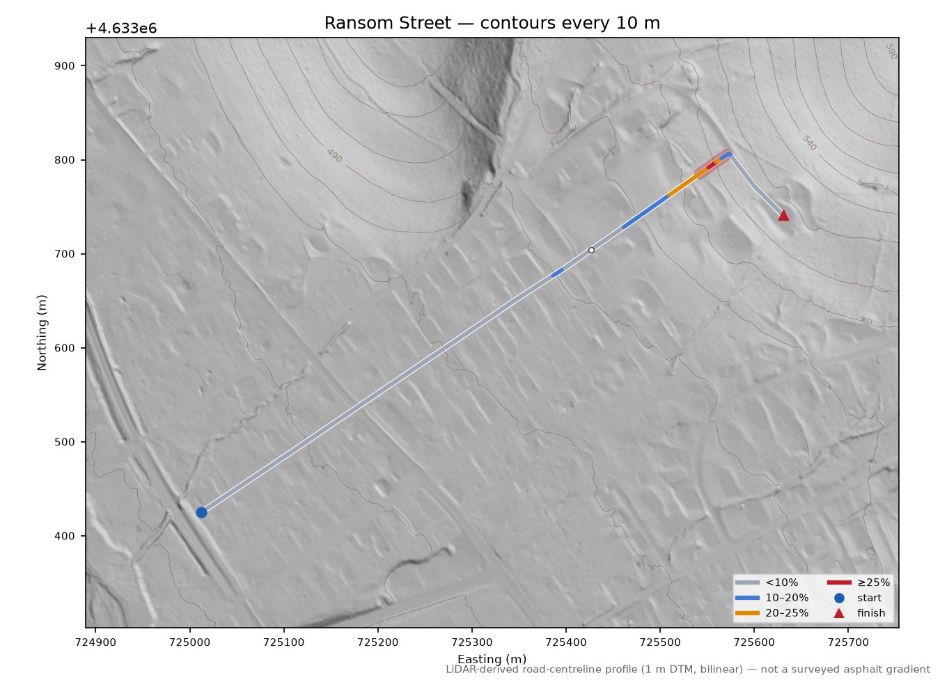 Ransom Street LiDAR hillshade map with contours