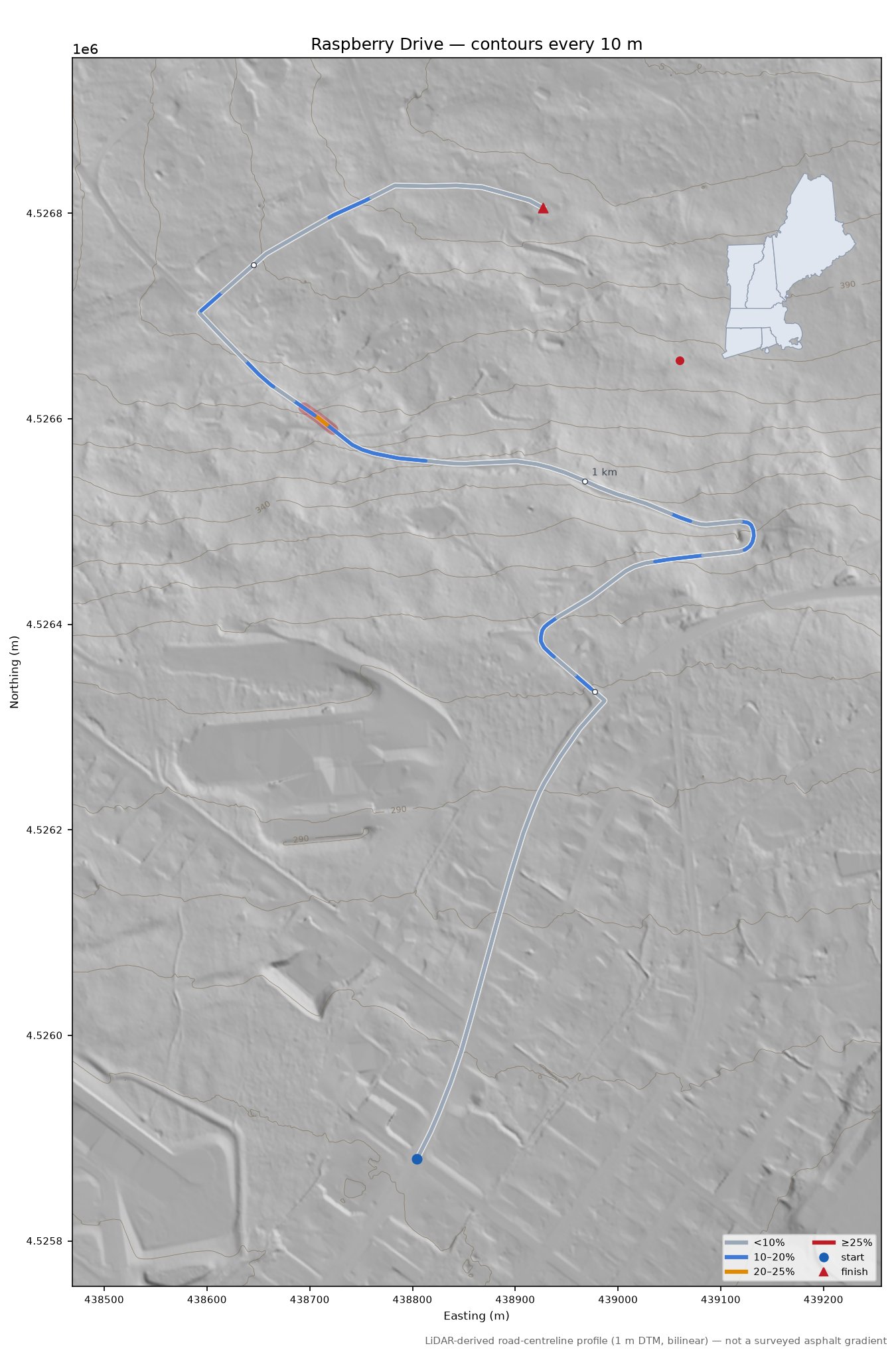 Raspberry Drive LiDAR hillshade map with contours