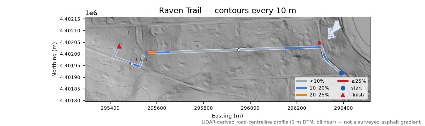 Raven Trail LiDAR hillshade map with contours