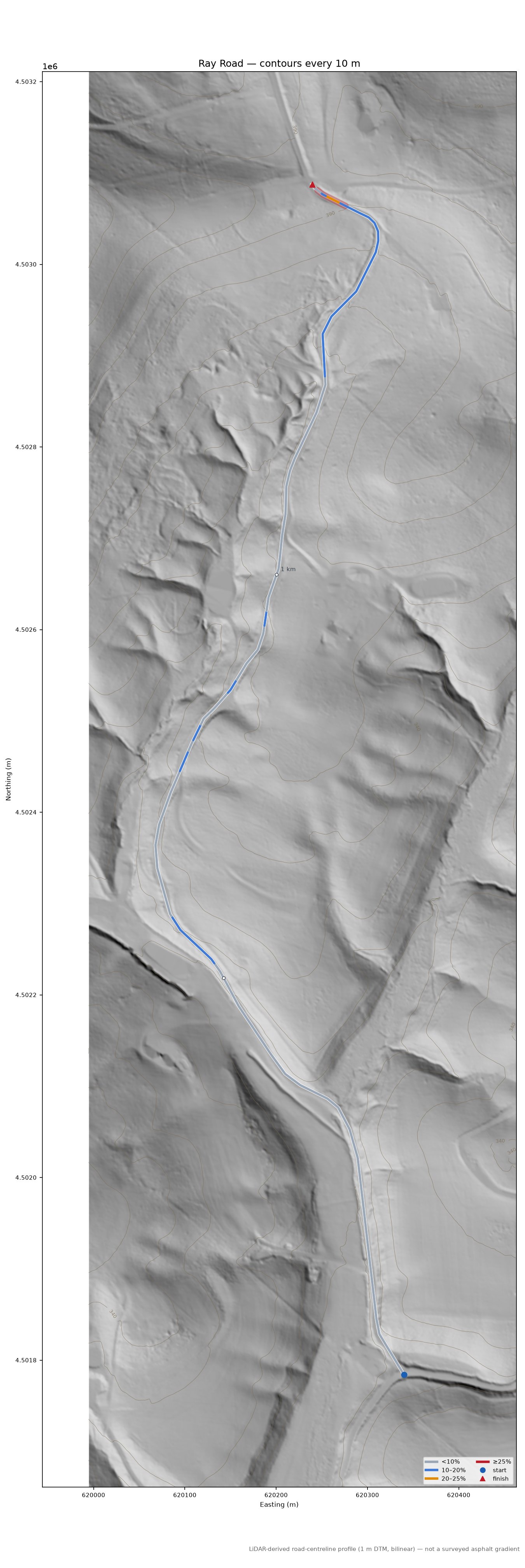 Ray Road LiDAR hillshade map with contours