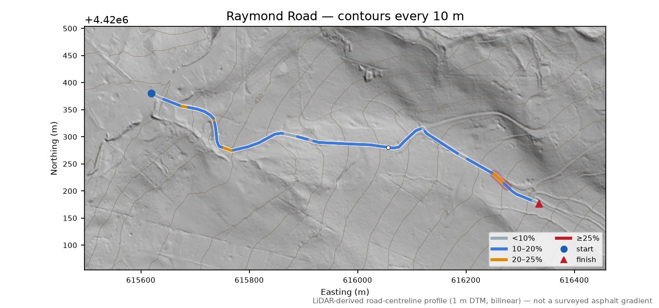 Raymond Road LiDAR hillshade map with contours