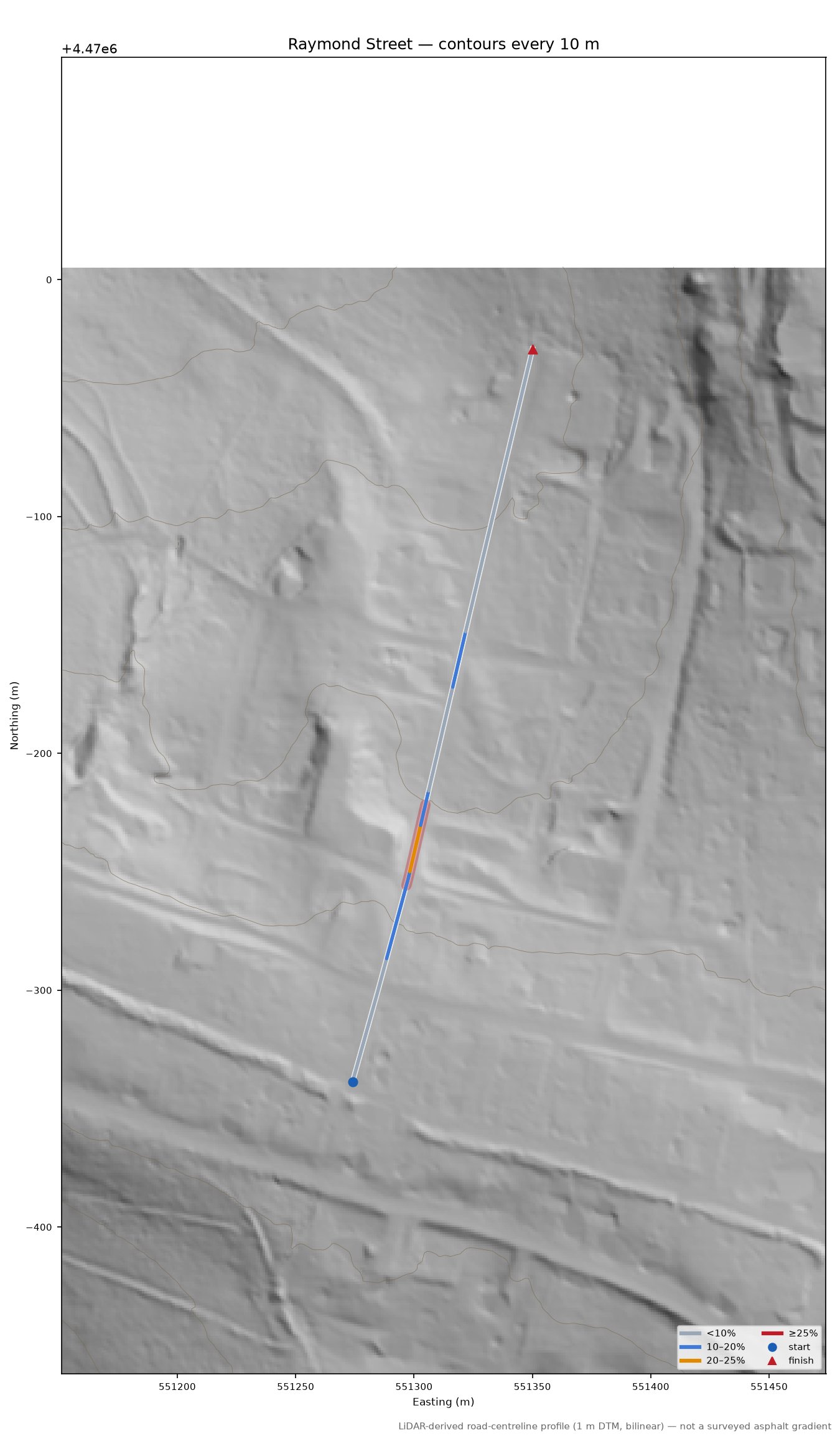 Raymond Street LiDAR hillshade map with contours