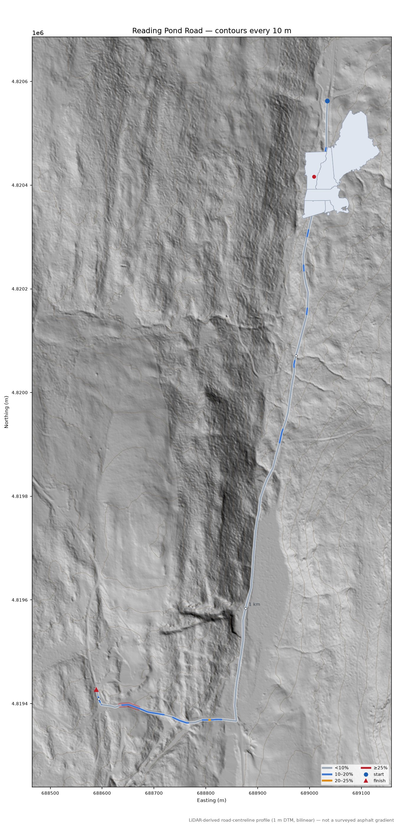 Reading Pond Road LiDAR hillshade map with contours