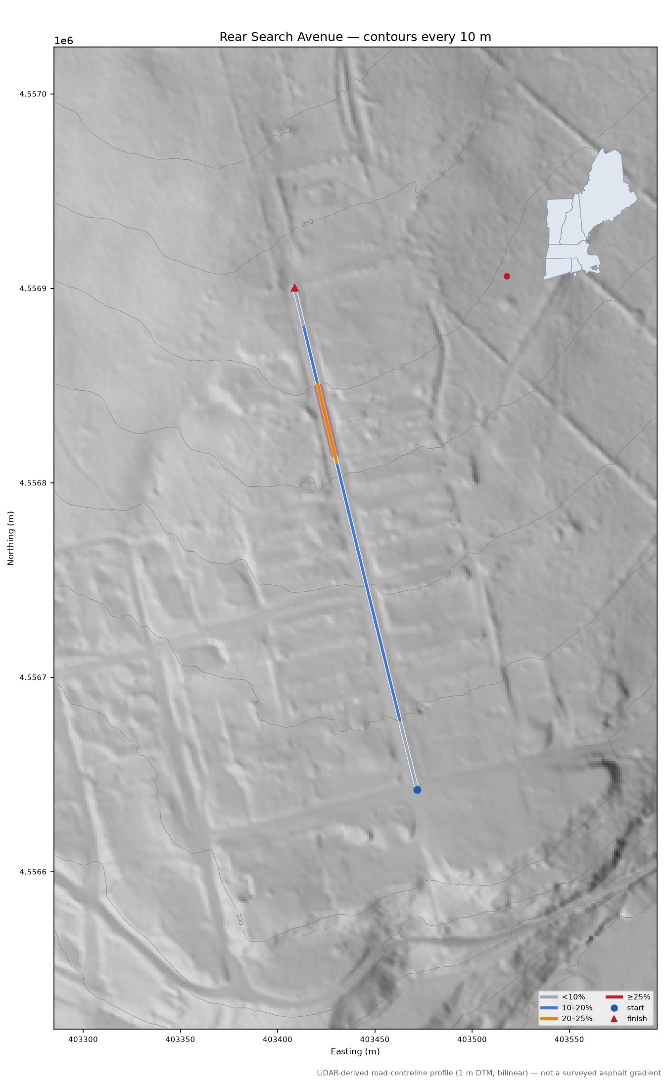 Rear Search Avenue LiDAR hillshade map with contours