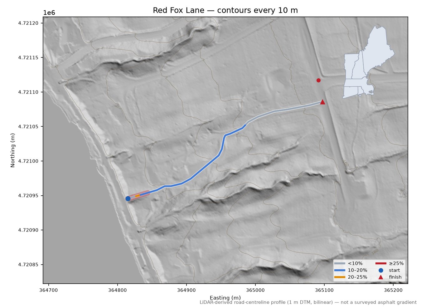 Red Fox Lane LiDAR hillshade map with contours