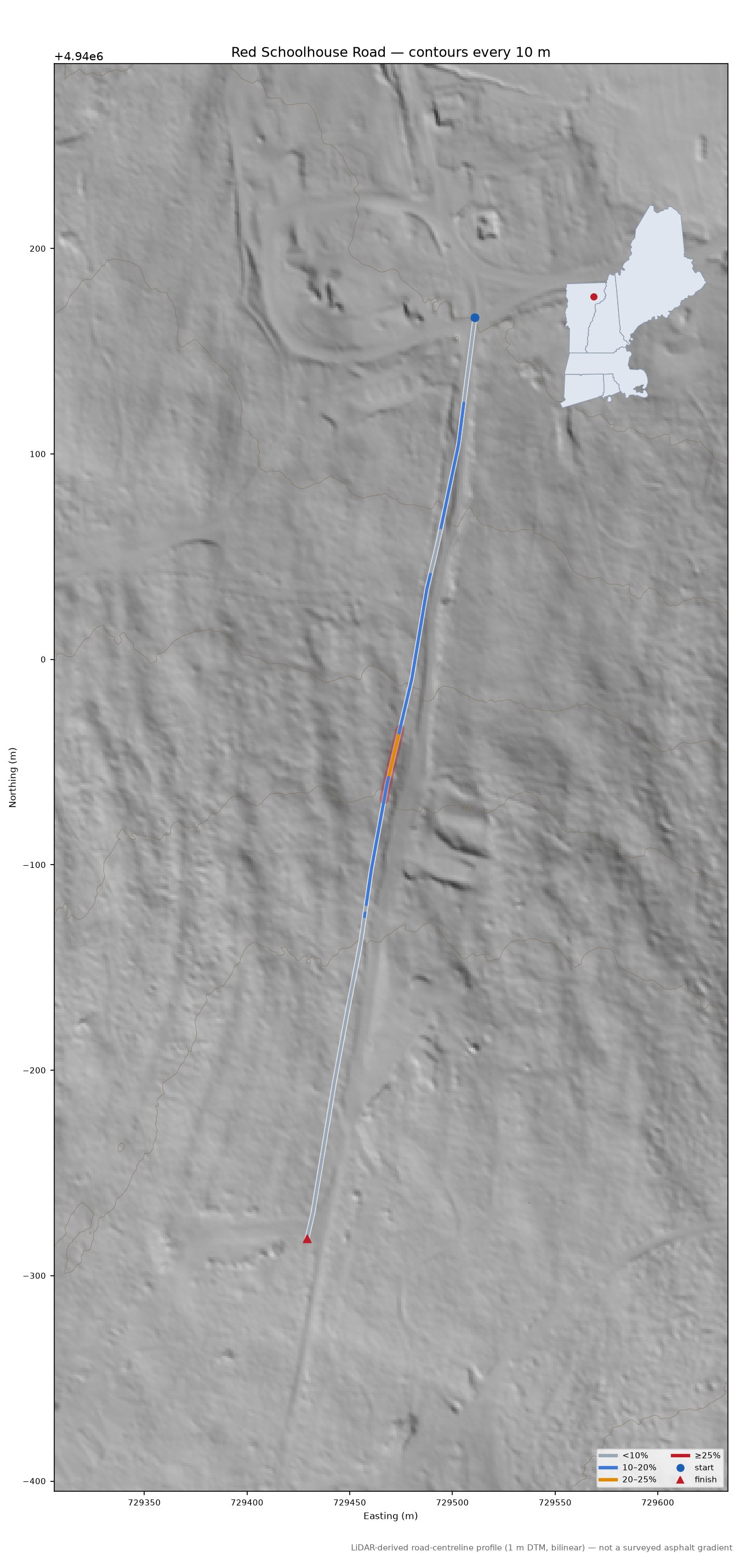 Red Schoolhouse Road LiDAR hillshade map with contours