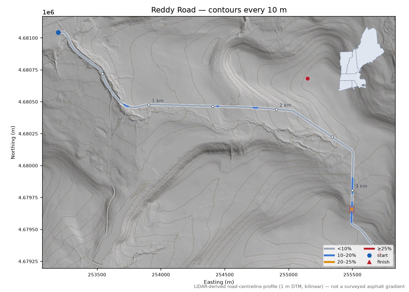 Reddy Road LiDAR hillshade map with contours
