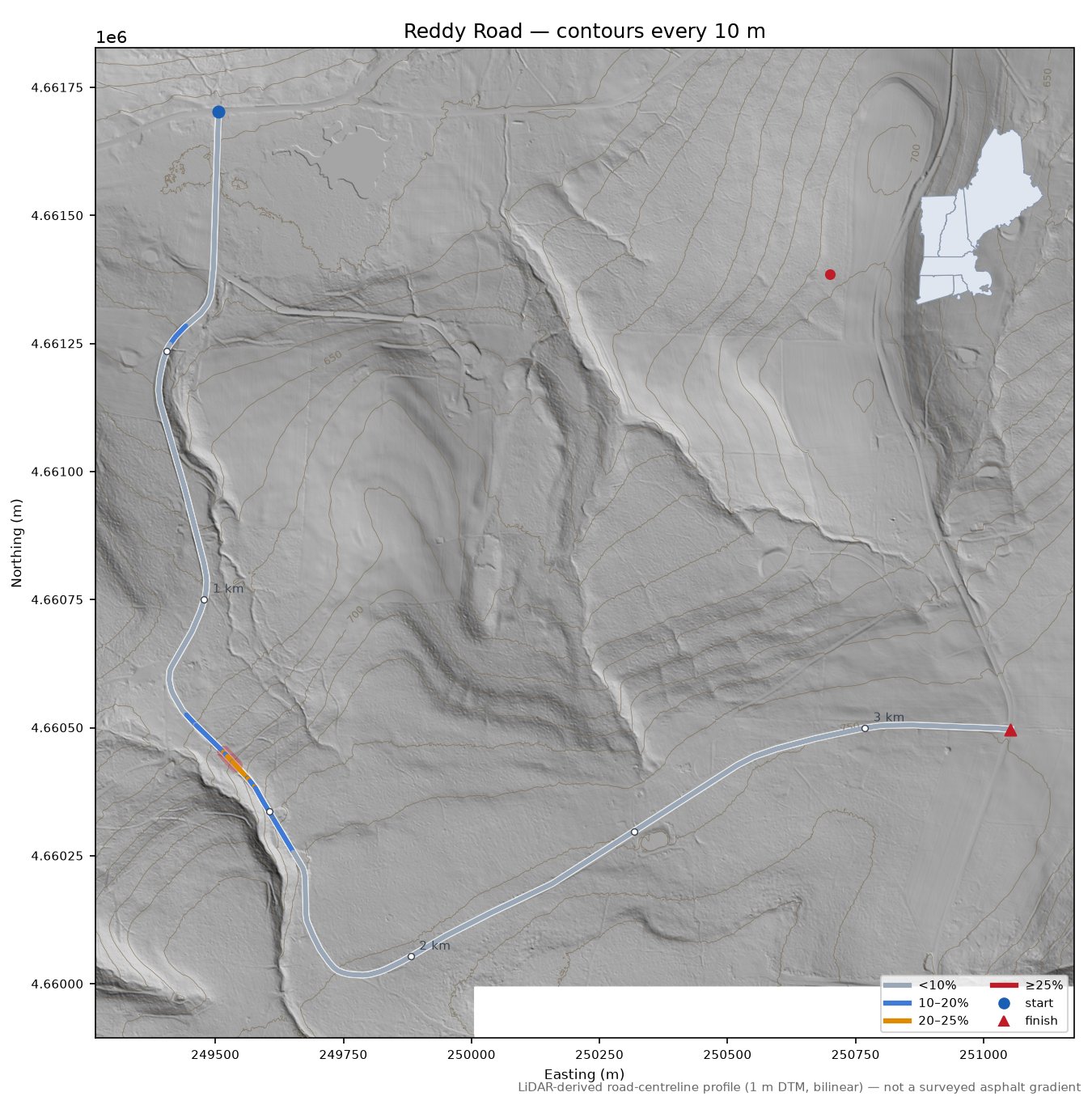 Reddy Road LiDAR hillshade map with contours