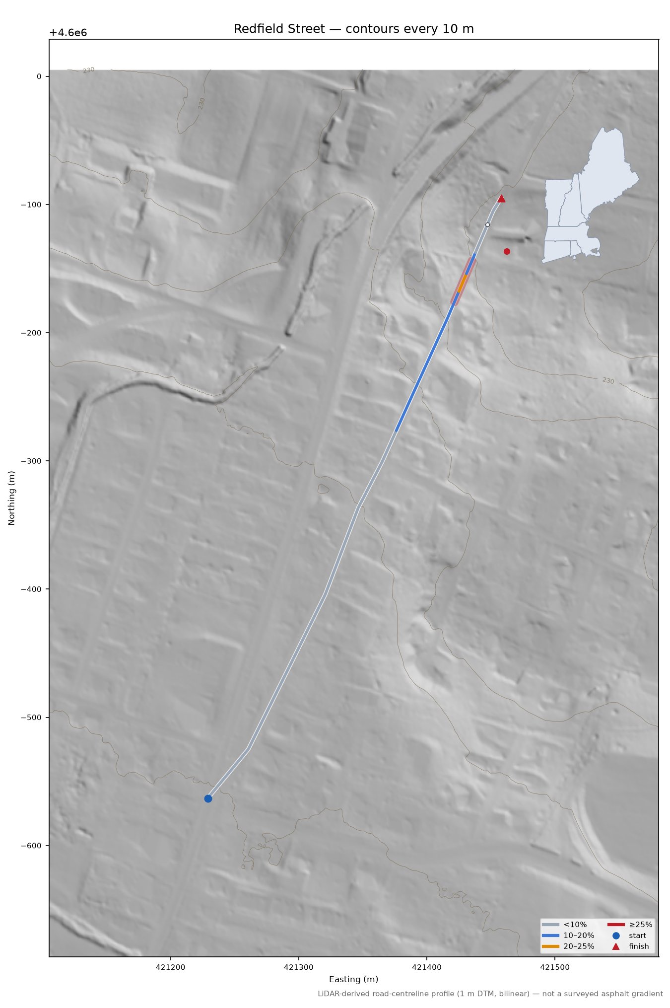 Redfield Street LiDAR hillshade map with contours