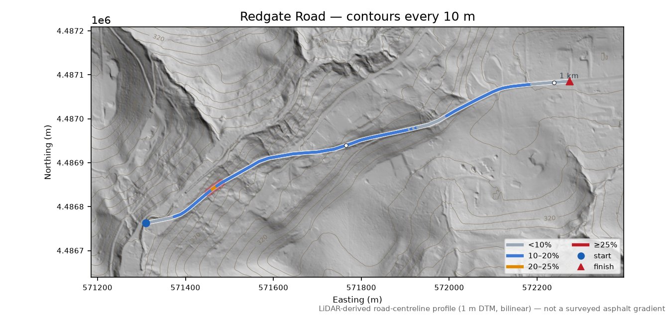 Redgate Road LiDAR hillshade map with contours