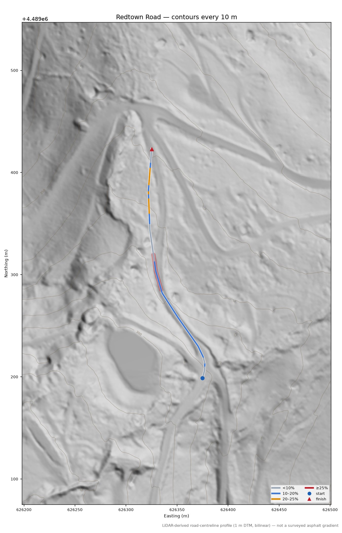 Redtown Road LiDAR hillshade map with contours