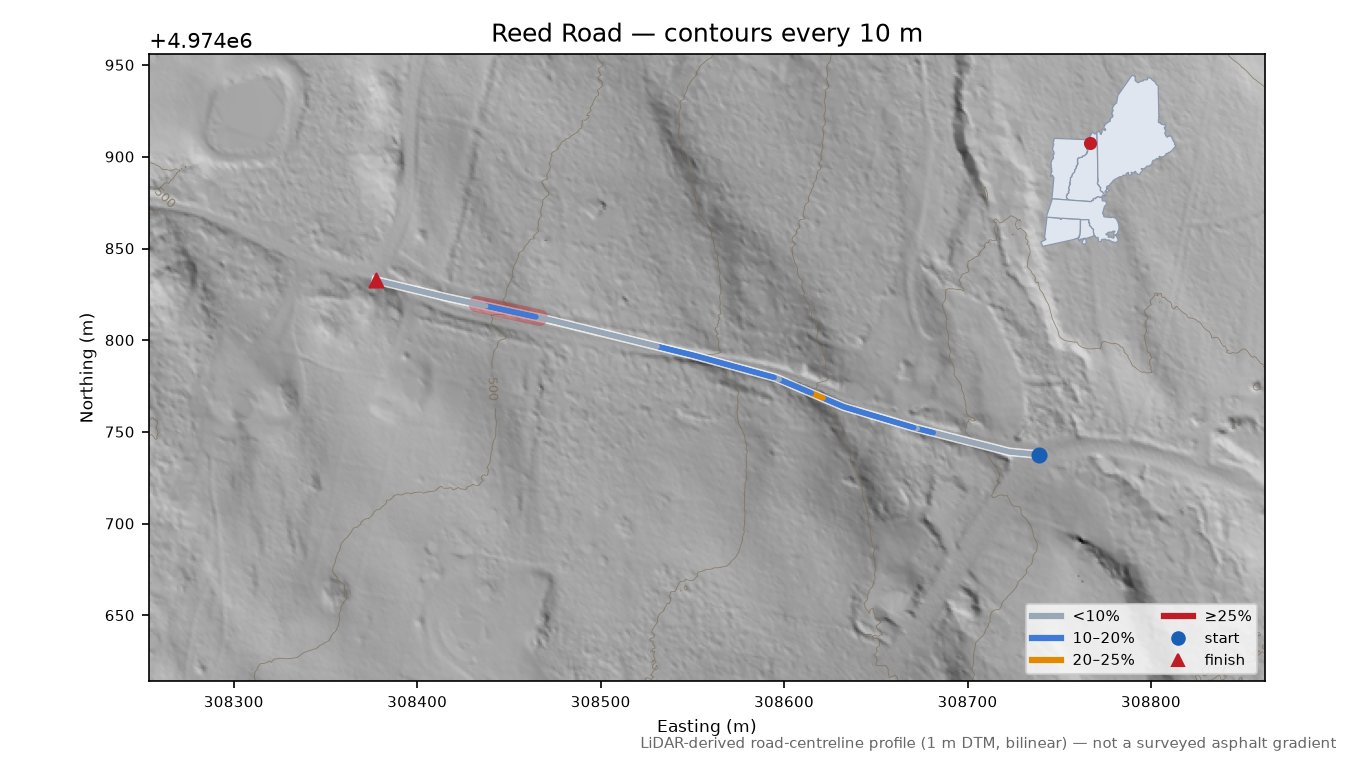 Reed Road LiDAR hillshade map with contours