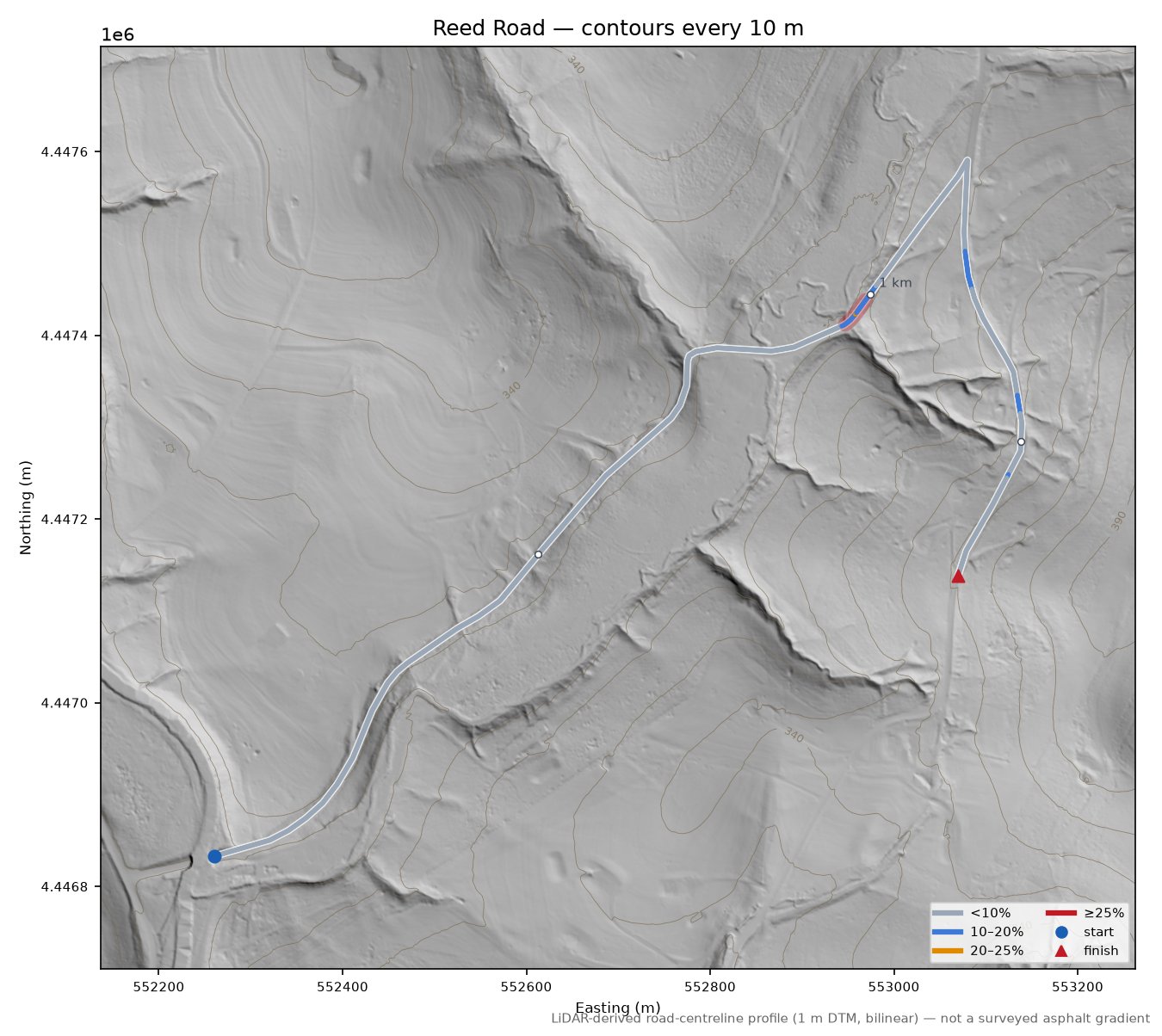 Reed Road LiDAR hillshade map with contours