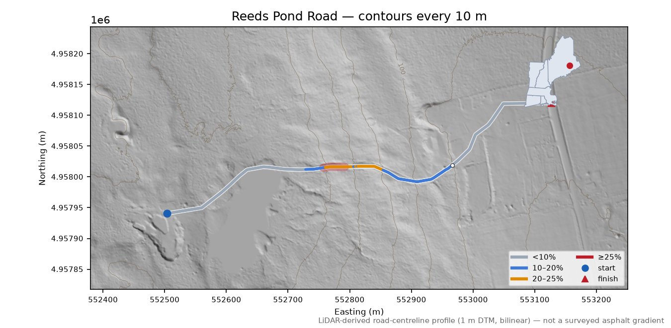 Reeds Pond Road LiDAR hillshade map with contours