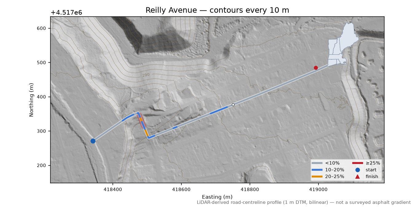 Reilly Avenue LiDAR hillshade map with contours