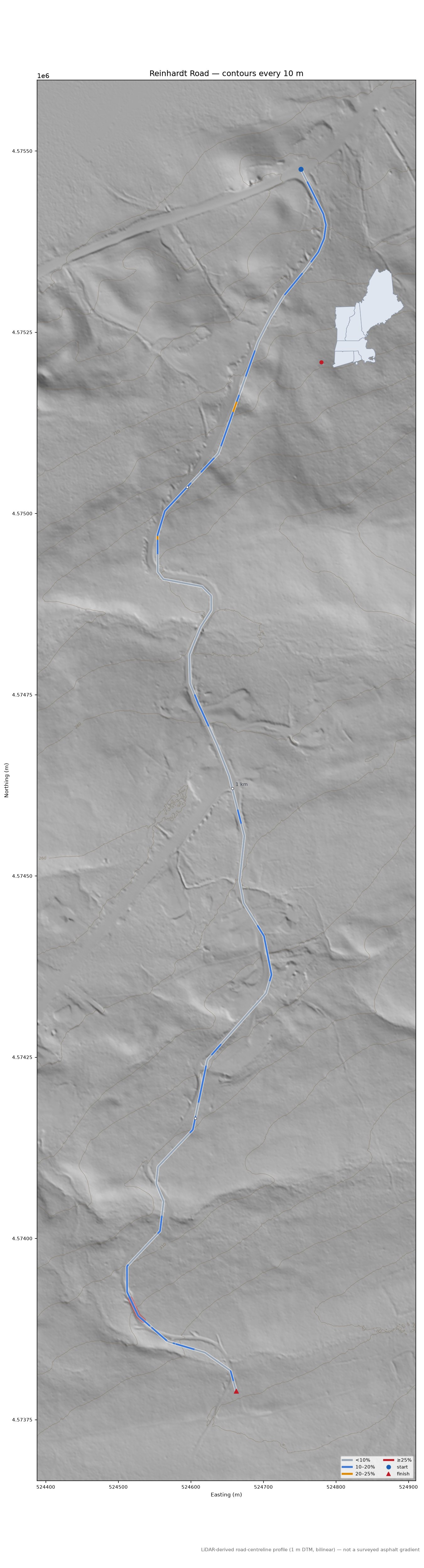 Reinhardt Road LiDAR hillshade map with contours