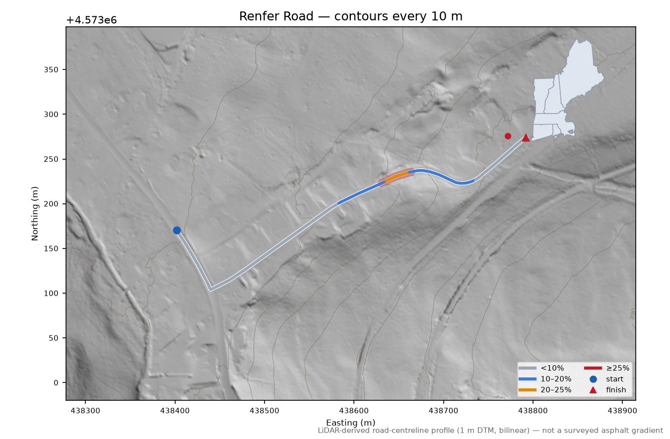 Renfer Road LiDAR hillshade map with contours
