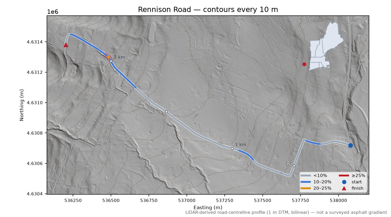 Rennison Road LiDAR hillshade map with contours