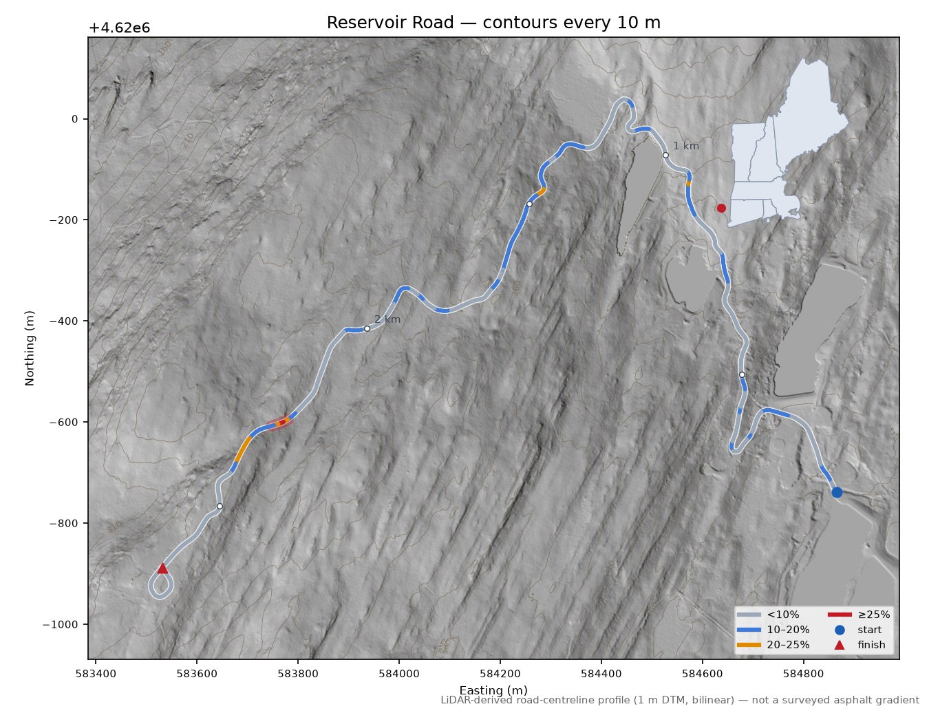 Reservoir Road LiDAR hillshade map with contours